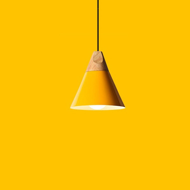 Nordic Simple Style Pendant Light, Macaron Color Conical Shade Hanging Light with Wooden Top