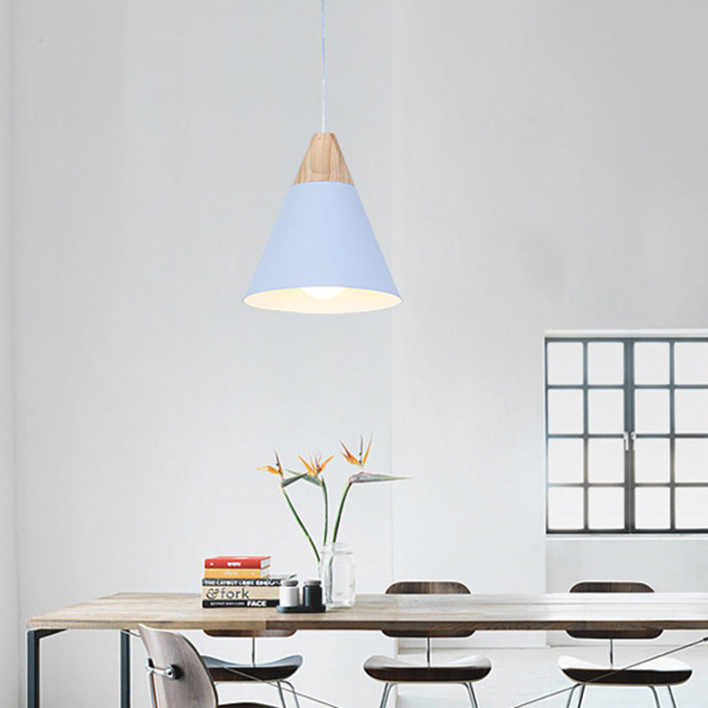 Nordic Simple Style Pendant Light, Macaron Color Conical Shade Hanging Light with Wooden Top