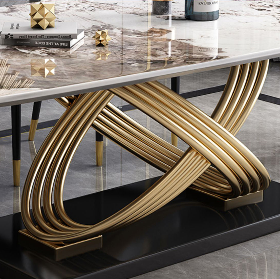 Modern Sintered Stone Dining Room Set with Rectangle Table and Metal Base Dining Table Furniture