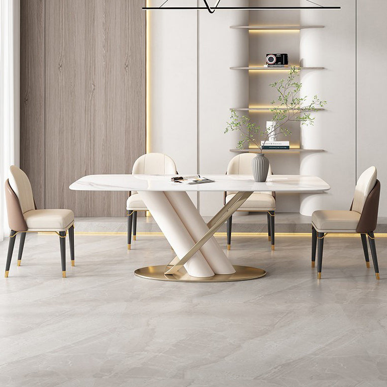 Contemporary Rectangle Shape Sintered Stone Top Dining Set Standard Kitchen Dining Set in White