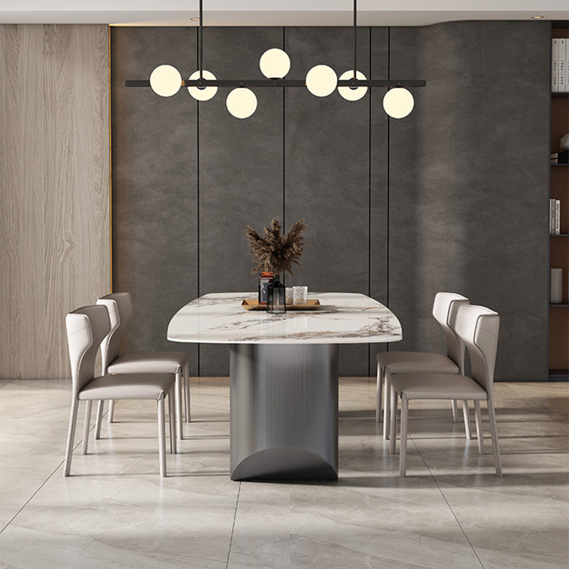 Minimalist Style Sintered Stone Dining Set with White Fixed Table and Black Double Pedestal Base