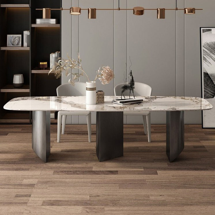 Minimalist Style Sintered Stone Dining Set with White Fixed Table and Black Double Pedestal Base