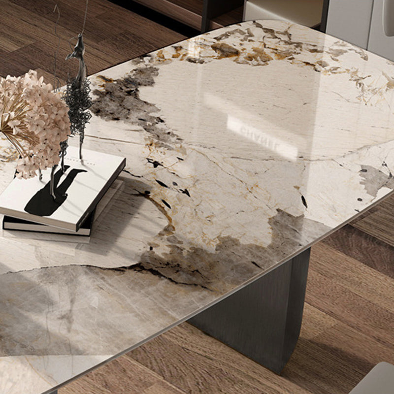 Minimalist Style Sintered Stone Dining Set with White Fixed Table and Black Double Pedestal Base