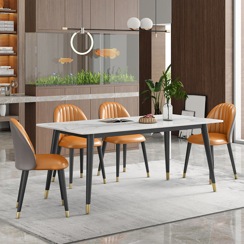 Contemporary Style Sintered Stone Dining Set with White Table and 4 Black Legs Base
