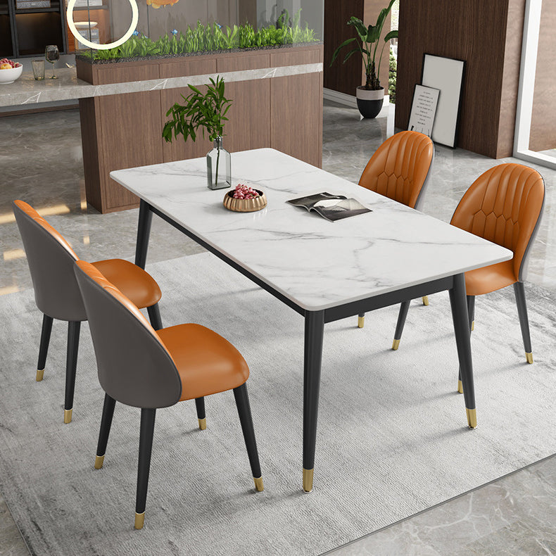 Contemporary Style Sintered Stone Dining Set with White Table and 4 Black Legs Base