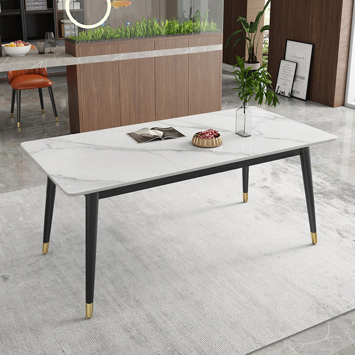 Contemporary Style Sintered Stone Dining Set with White Table and 4 Black Legs Base