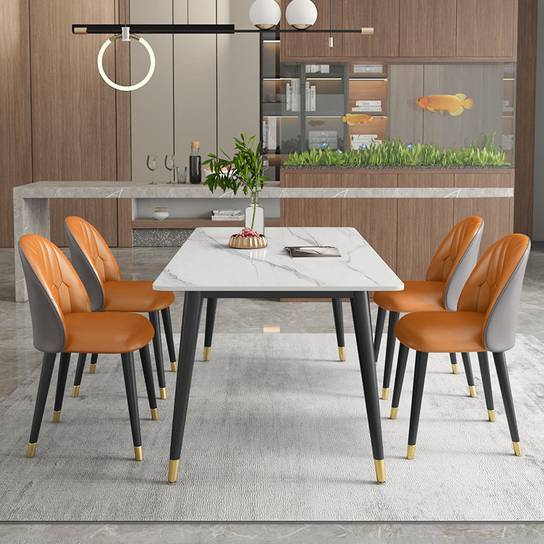 Contemporary Style Sintered Stone Dining Set with White Table and 4 Black Legs Base