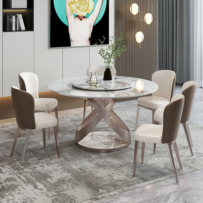 Scandinavian Sintered Stone Table Set of 5/7 with Round Table Dining Set with Leather Chairs
