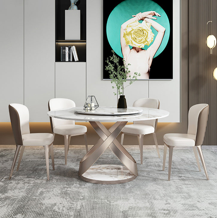 Scandinavian Sintered Stone Table Set of 5/7 with Round Table Dining Set with Leather Chairs