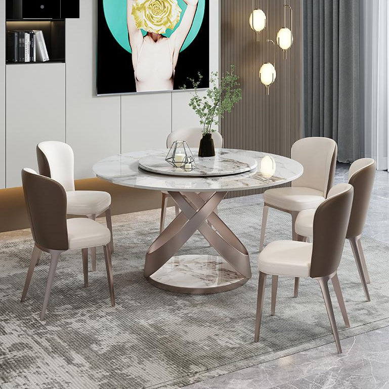 Scandinavian Sintered Stone Table Set of 5/7 with Round Table Dining Set with Leather Chairs