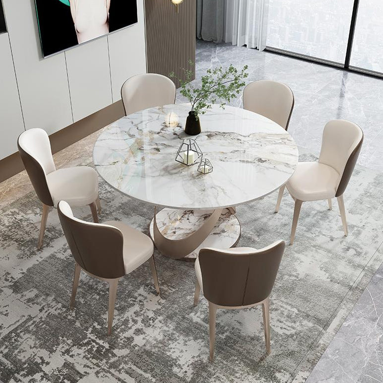 Scandinavian Sintered Stone Table Set of 5/7 with Round Table Dining Set with Leather Chairs