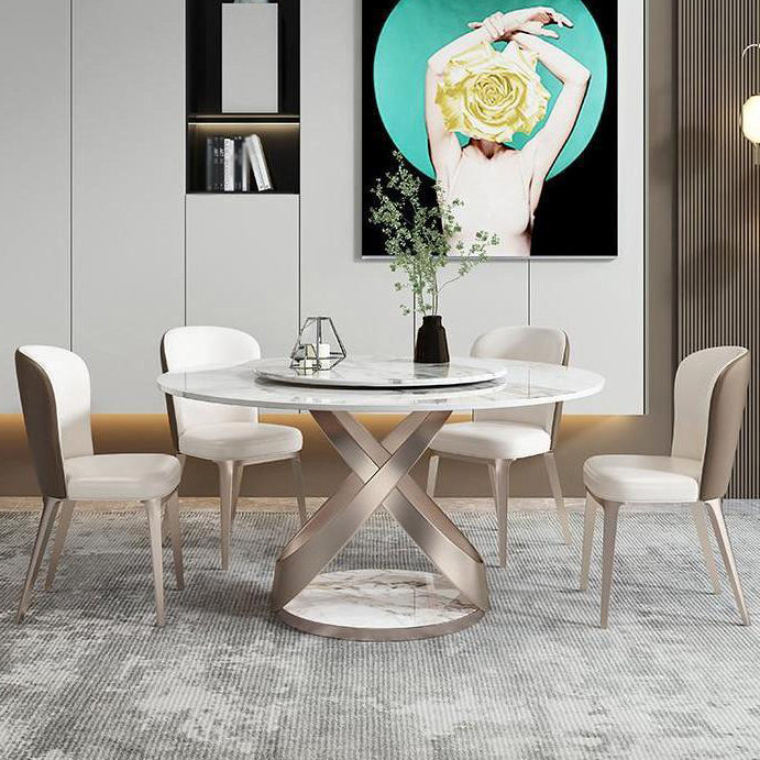 Scandinavian Sintered Stone Table Set of 5/7 with Round Table Dining Set with Leather Chairs