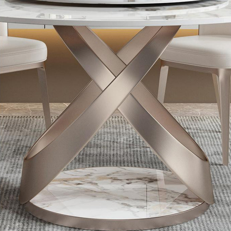 Scandinavian Sintered Stone Table Set of 5/7 with Round Table Dining Set with Leather Chairs