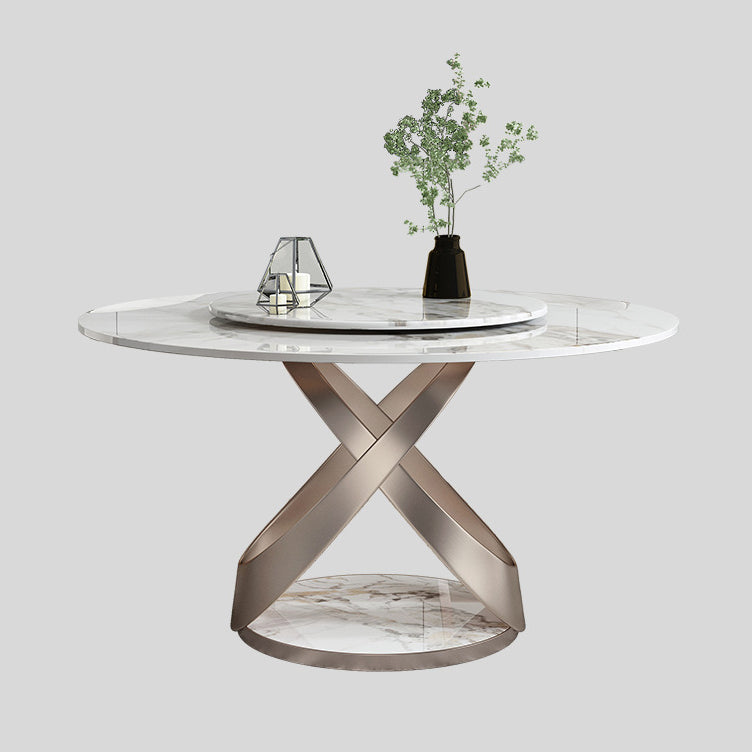 Scandinavian Sintered Stone Table Set of 5/7 with Round Table Dining Set with Leather Chairs