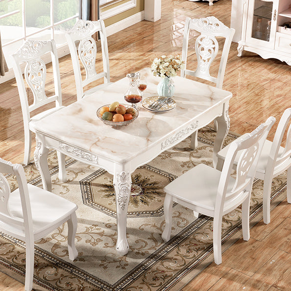 Victorian Style Marble Dining Set with White Rectangle Shape Table and 4 Legs Base for Home Use