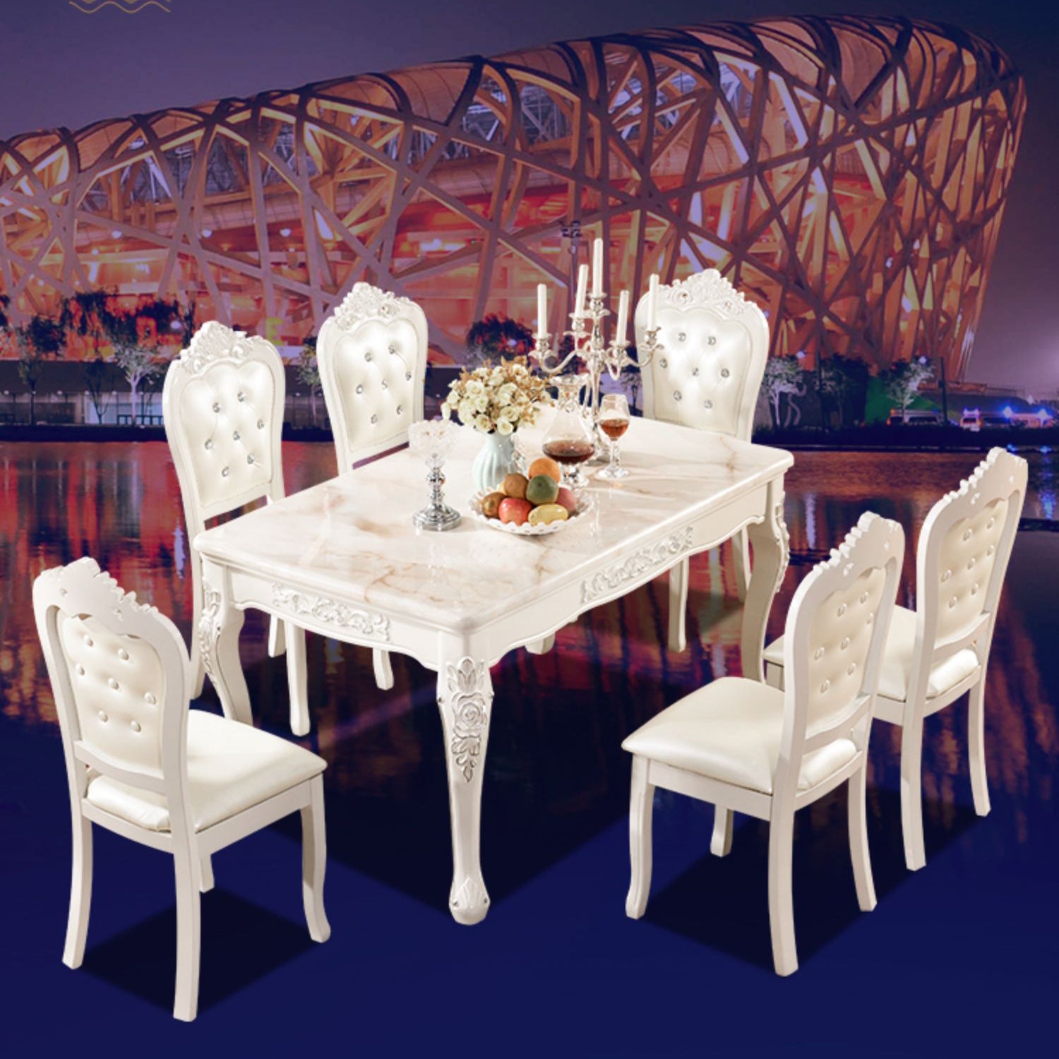 Victorian Style Marble Dining Set with White Rectangle Shape Table and 4 Legs Base for Home Use