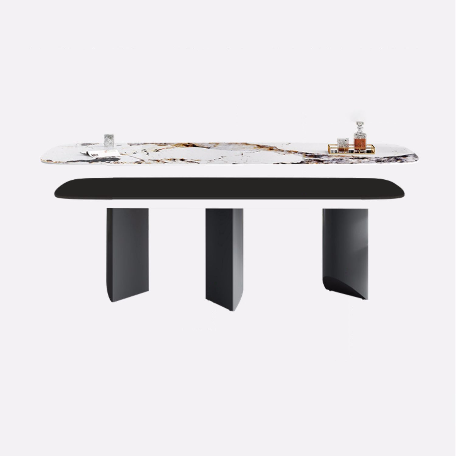 Minimalist Style Sintered Stone Dining Set with White Fixed Table and Grey Double Pedestal Base