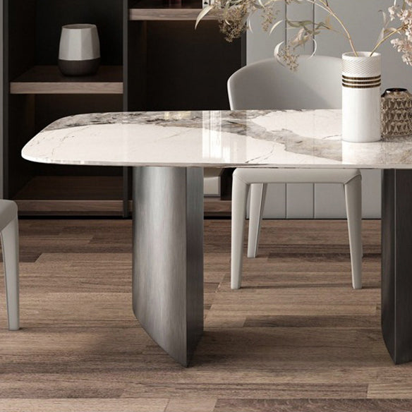 Minimalist Style Sintered Stone Dining Set with White Fixed Table and Grey Double Pedestal Base