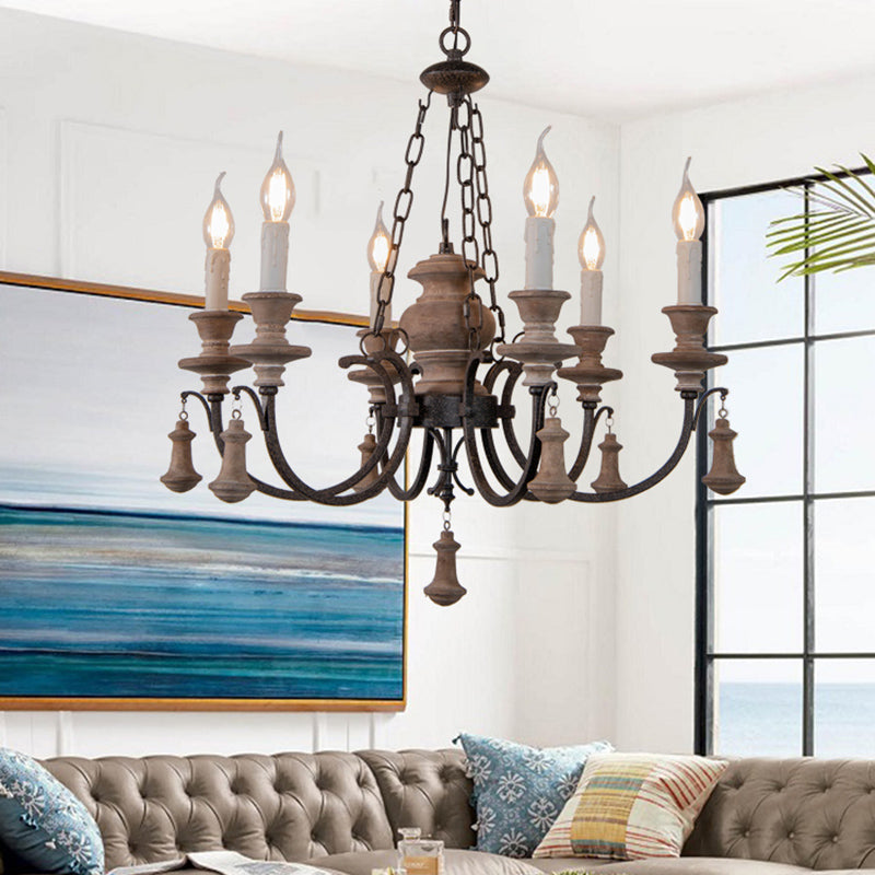 Wooden Brown Chandelier Candle Style 6-Light French Country Suspension Light