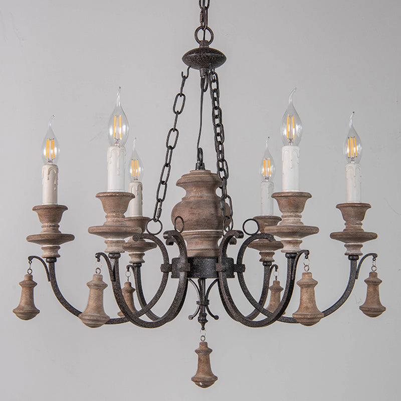 Wooden Brown Chandelier Candle Style 6-Light French Country Suspension Light