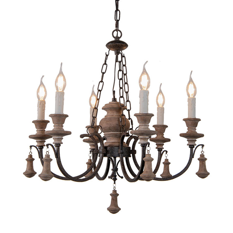 Wooden Brown Chandelier Candle Style 6-Light French Country Suspension Light