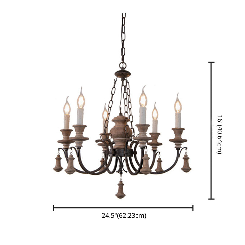 Wooden Brown Chandelier Candle Style 6-Light French Country Suspension Light