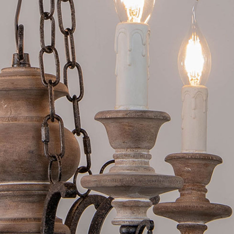 Wooden Brown Chandelier Candle Style 6-Light French Country Suspension Light