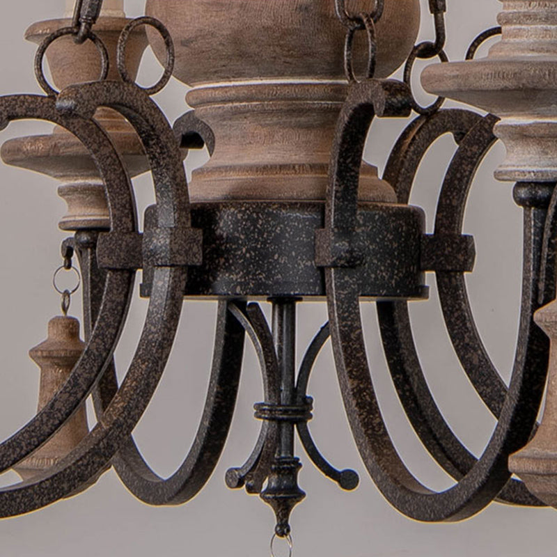 Wooden Brown Chandelier Candle Style 6-Light French Country Suspension Light