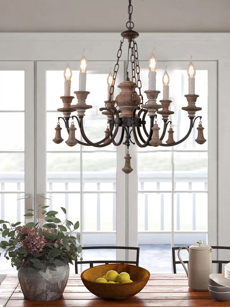 Wooden Brown Chandelier Candle Style 6-Light French Country Suspension Light