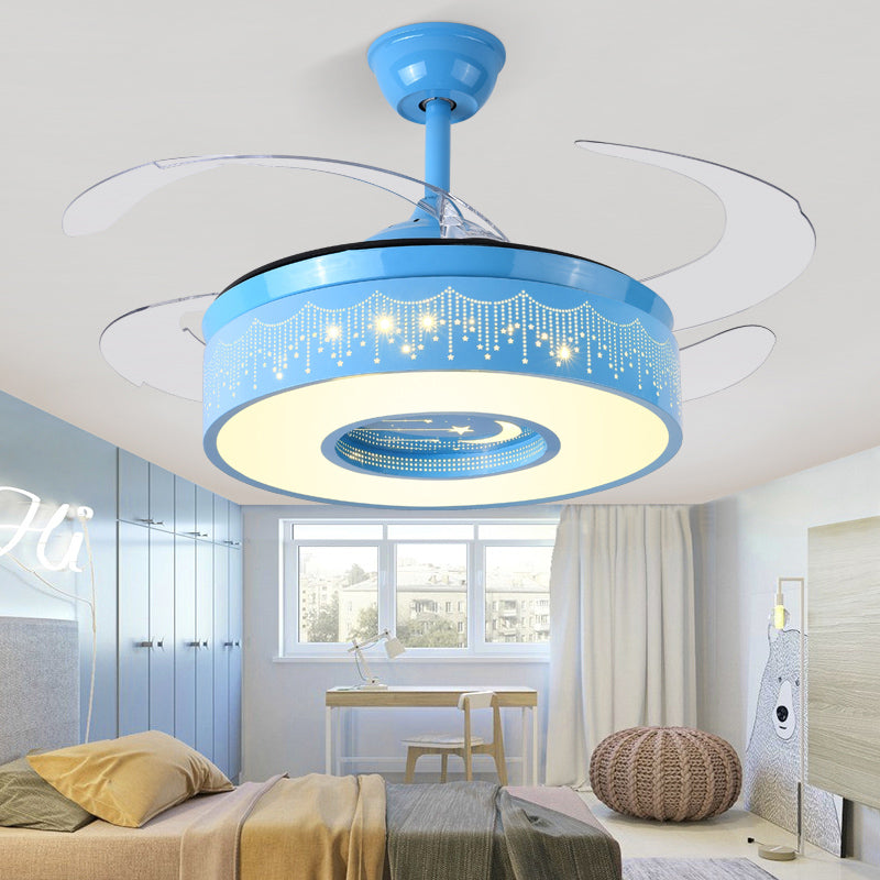 Retractable Blades Pendant Fan Light Children Metal Bedroom LED Semi Flush Light