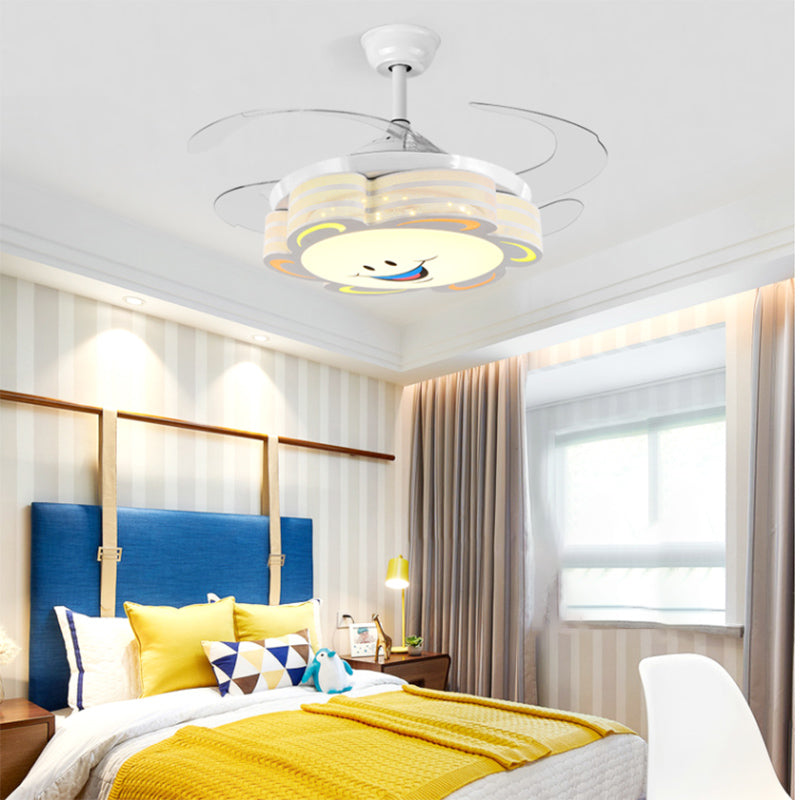 Retractable Blades Pendant Fan Light Children Metal Bedroom LED Semi Flush Light