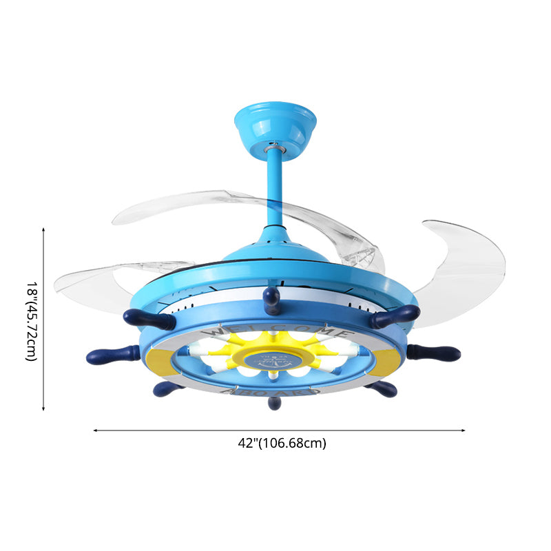 Retractable Blades Pendant Fan Light Children Metal Bedroom LED Semi Flush Light