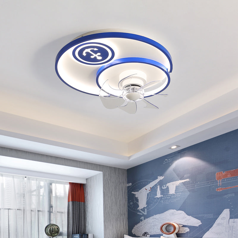 Cartoon Disc Shaped Flush Mount Fan Lamp Metal Boys Room LED Semi Flush Light