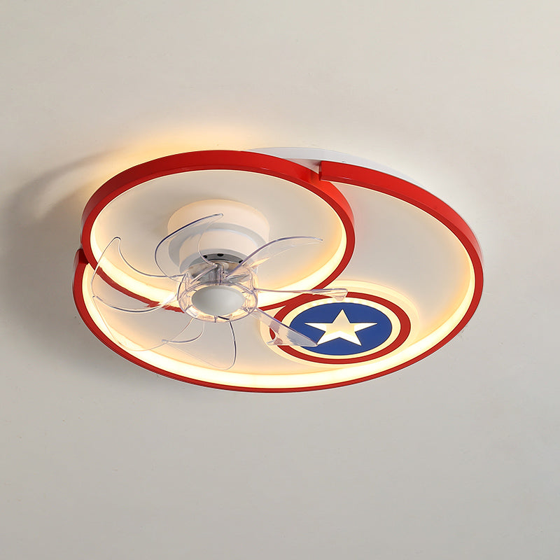 Cartoon Disc Shaped Flush Mount Fan Lamp Metal Boys Room LED Semi Flush Light