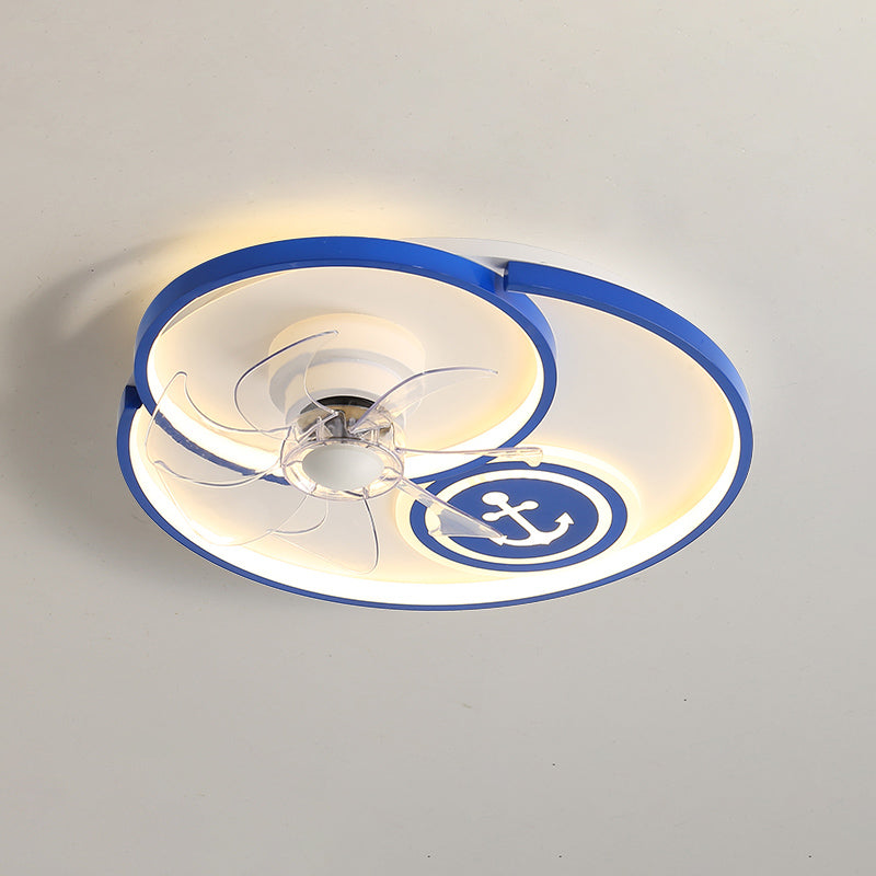 Cartoon Disc Shaped Flush Mount Fan Lamp Metal Boys Room LED Semi Flush Light