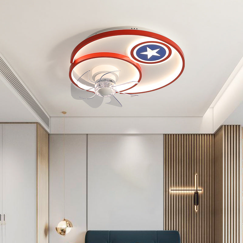 Cartoon Disc Shaped Flush Mount Fan Lamp Metal Boys Room LED Semi Flush Light