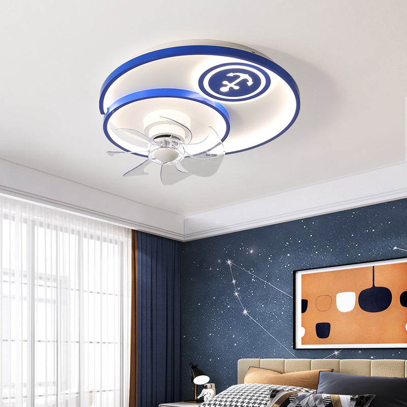 Cartoon Disc Shaped Flush Mount Fan Lamp Metal Boys Room LED Semi Flush Light