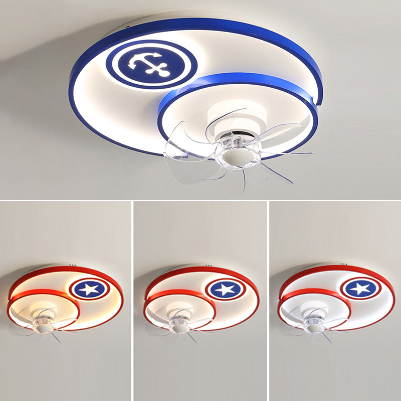 Cartoon Disc Shaped Flush Mount Fan Lamp Metal Boys Room LED Semi Flush Light
