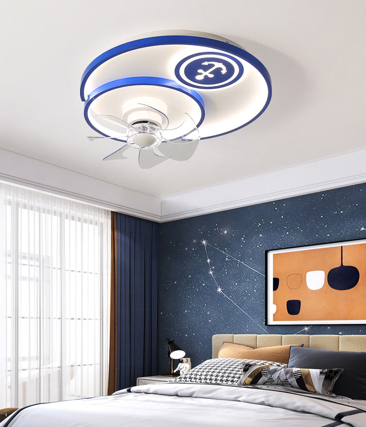 Cartoon Disc Shaped Flush Mount Fan Lamp Metal Boys Room LED Semi Flush Light