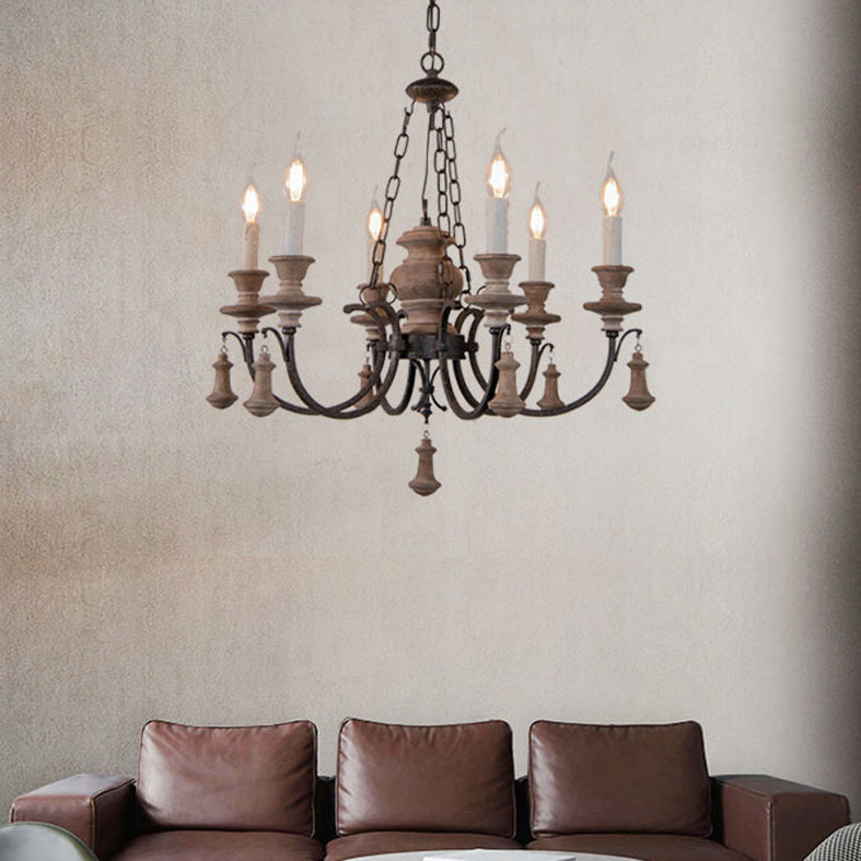 Wooden Brown Chandelier Candle Style 6-Light French Country Suspension Light