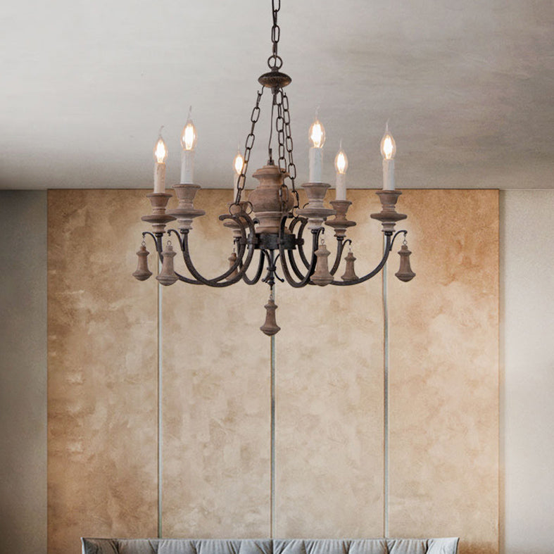 Wooden Brown Chandelier Candle Style 6-Light French Country Suspension Light