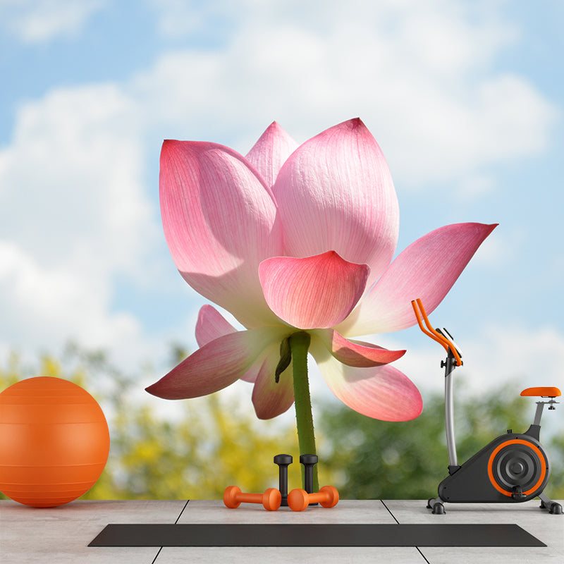 Pink Lotus Blossoming Moisture Resistant Wall Covering for Girls' Bedroom