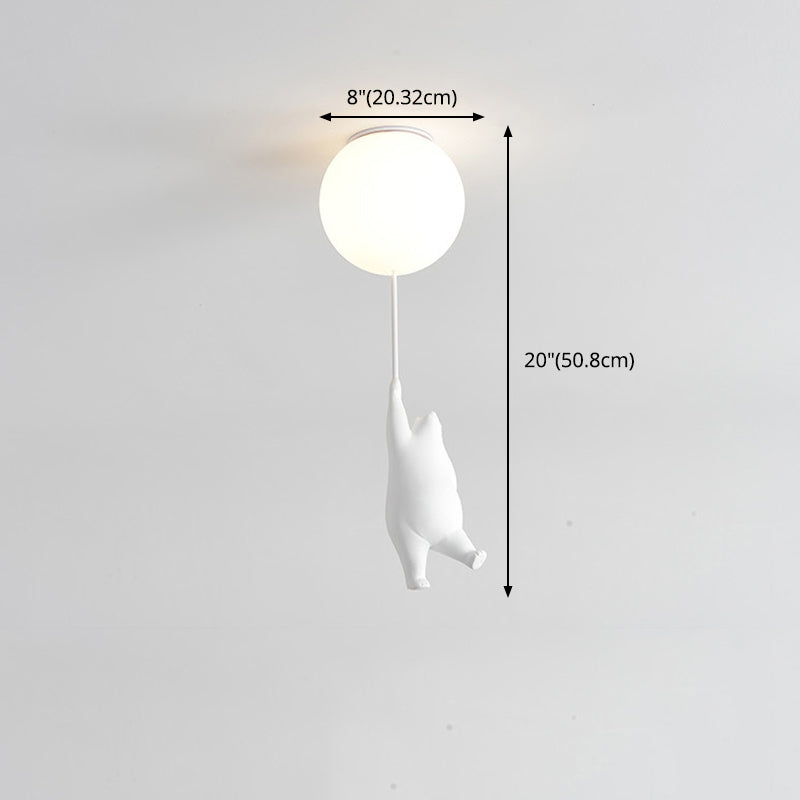 White Globe Ceiling Light in Kids Style artistique Resin Bear Flush Mount with Glass Shade