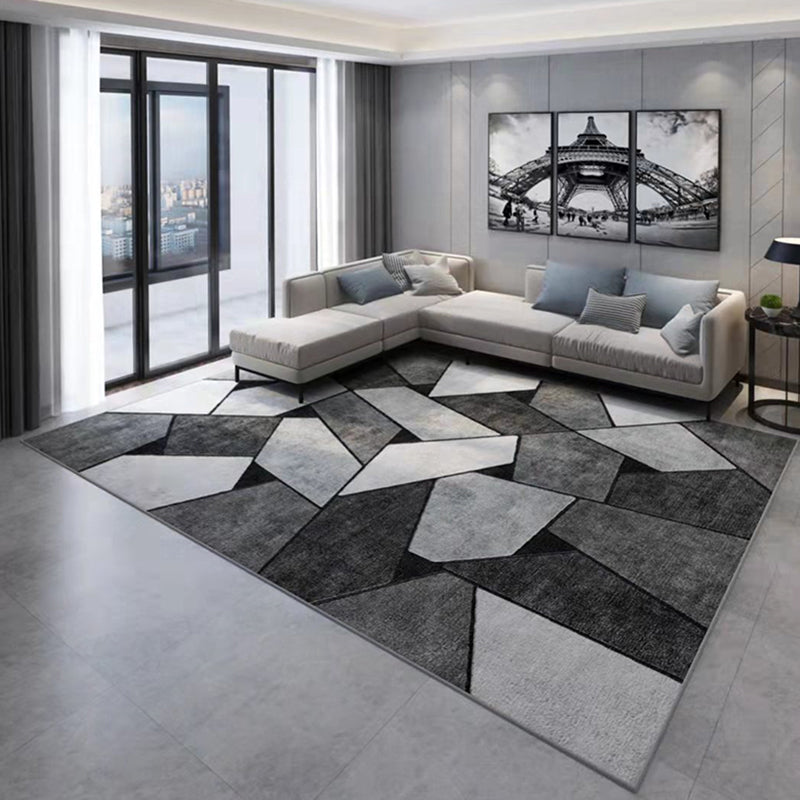 Grey Tone Geometric Splicing Rug Polyester Carpet Casual Non-Slip Backing Indoor Rug for Living Room