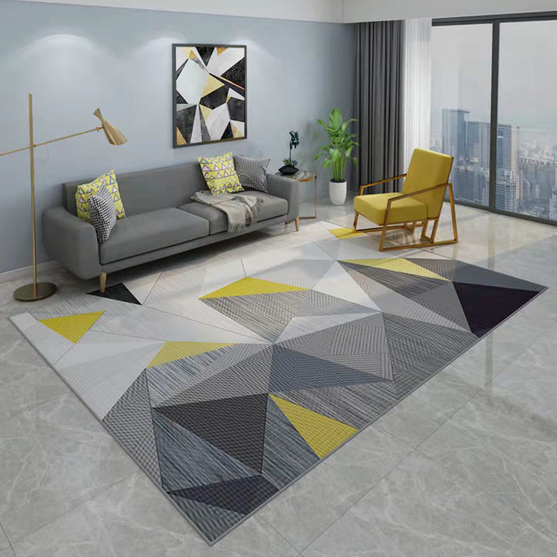Grey Tone Geometric Splicing Rug Polyester Carpet Casual Non-Slip Backing Indoor Rug for Living Room