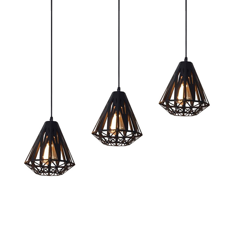 Loft Stylish Wire Cage Suspension Light 3 Heads Metal Ceiling Fixture with Diamond Shade in Black/White