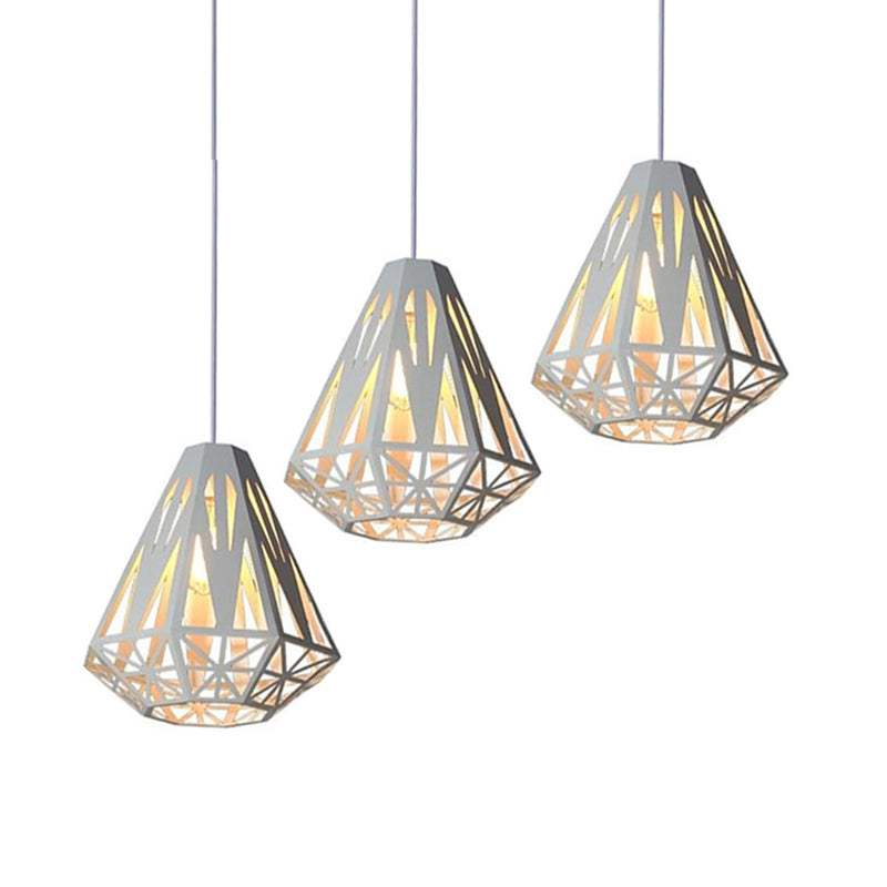Loft Stylish Wire Cage Suspension Light 3 Heads Metal Ceiling Fixture with Diamond Shade in Black/White