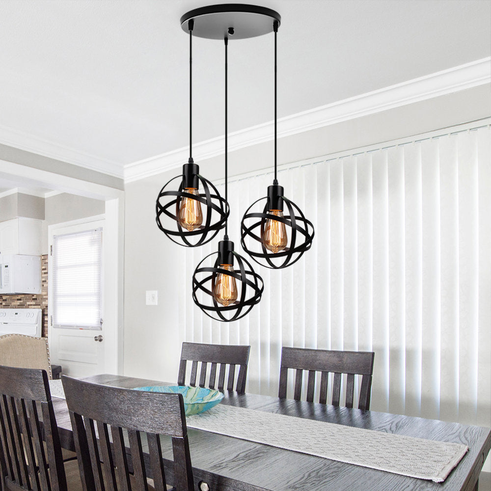 3 Lights Spherical Pendant Light Fixture Industrial Black Metal Hanging Light with Wire Guard for Dining Room