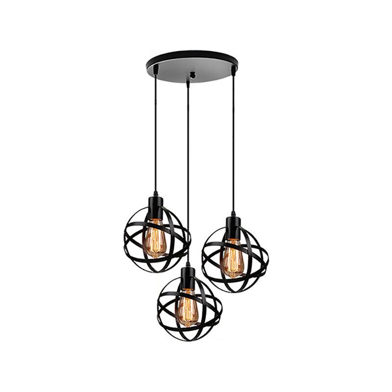 3 Lights Spherical Pendant Light Fixture Industrial Black Metal Hanging Light with Wire Guard for Dining Room