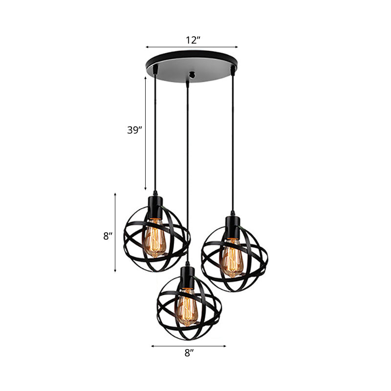 3 Lights Spherical Pendant Light Fixture Industrial Black Metal Hanging Light with Wire Guard for Dining Room